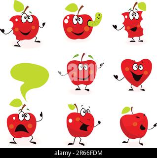 Set of funny apple characters in poses. Apple with garden worm, apple with speech bubble, jumping apple, heart-shaped apple, food apple. Vector Ill... Stock Vector