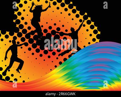 vector eps10 illustration of jumping teenager silhouettes on a colorful background Stock Vector