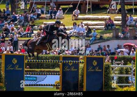 Rome, Italy. 27th May, 2023. Emanuele Gaudiano (ITA) during the 90° CSIO ROMA 2023, Nations Cup - 1.55m - 110.000 EUR - LR - LORO PIANA TROPHY, at Piazza di Siena in Rome, Italy. Stock Photo