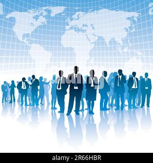 Businesspeople are standing in front of large world map. The base map is from Central Intelligence Agency Web site. Stock Vector
