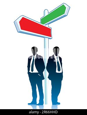Two businessmen are standing in front of a direction sign Stock Vector