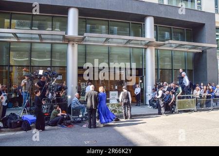 London, UK. 7th June 2023. Members of the media wait for Prince Harry to leave the High Court, Rolls Building. Several high-profile people, including Prince Harry, have taken legal action against Mirror Group Newspapers over alleged unlawful information gathering, including phone hacking. Credit: Vuk Valcic/Alamy Live News Stock Photo