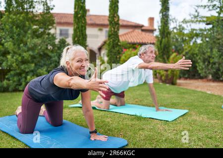 Happy senior couple practicing yoga in villa garden grass Stock Photo