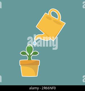 Watering can and plant in pot. Flat design vector illustration. Stock Vector