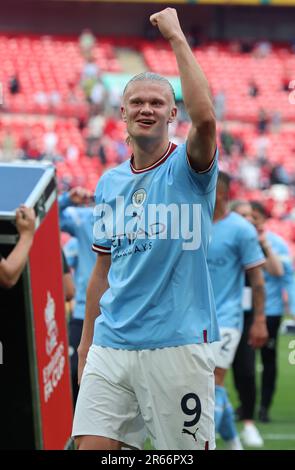 Manchester City's Erling Haaland after The Emirates FA Cup Final between Manchester City against Manchester United at Wembley stadium, London on 03rd Stock Photo