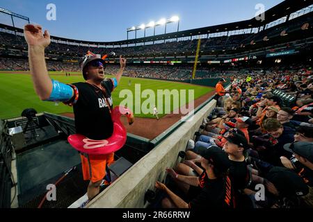 Mr. Splash sprays fans in the Bird Bath Splash Zone during the