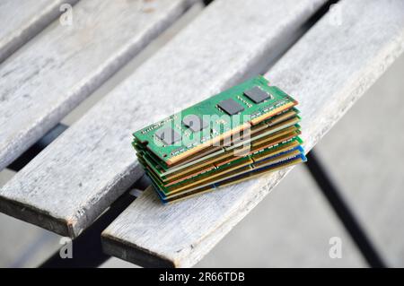 Top view, RAM used for notebook, laying on wooden floor Stock Photo