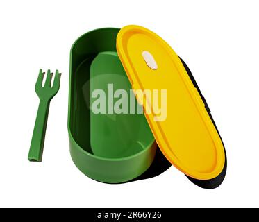 Empty lunch box and plastic fork. Green lunchbox container with yellow cover. Stock Photo