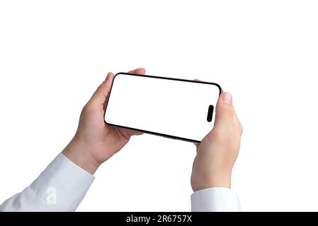 Modern smartphone with built in camera in woman hand. Horizontal position close-up. Isolated screen and background for mockup. Hands with white shirt, Stock Photo
