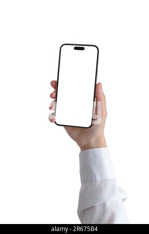 Hand shows mobile phone with isolated screen and background for mockup app or web page presentation Stock Photo