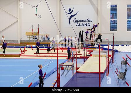 Gymnasts warm up at the Opening of the new Gymnastics Arena in Möckelö on Åland, 3 March 2023. Photograph: Rob Watkins Stock Photo