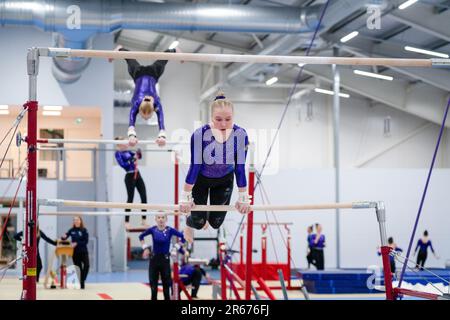 Gymnasts warm up at the Opening of the new Gymnastics Arena in Möckelö on Åland, 3 March 2023. Photograph: Rob Watkins Stock Photo