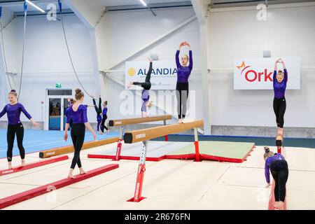 Gymnasts warm up at the Opening of the new Gymnastics Arena in Möckelö on Åland, 3 March 2023. Photograph: Rob Watkins Stock Photo