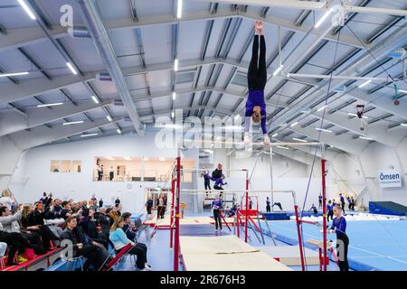 Gymnasts warm up at the Opening of the new Gymnastics Arena in Möckelö on Åland, 3 March 2023. Photograph: Rob Watkins Stock Photo