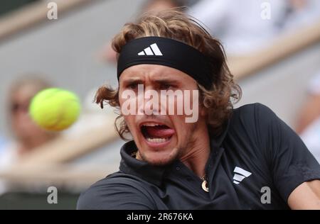 Paris, France. 07th June, 2023. Alexander Zverev of Germany plays against Tomas Martin Etcheverry of Argentina at the Roland Garros French Tennis Open in Paris, France, on Wednesday, June 7, 2023. Zverev won 6-4, 3-6, 6-3, 6-4 and qualified for the semi finals. Photo by Maya Vidon-White/UPI Credit: UPI/Alamy Live News Stock Photo