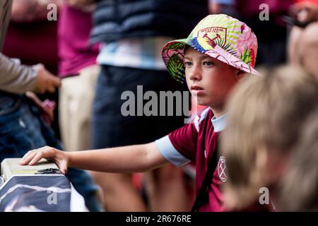 Prague, Czech Republic. 07th June, 2023. West Ham United fans seen on the stands before the UEFA Europa Conference League final between Fiorentina v West Ham United at Fortuna Arena in Prague. Credit: Gonzales Photo/Alamy Live News Stock Photo