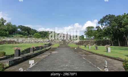 The pathway is direct to the gate of the Ratu Boko Temple, Sleman, Yogyakarta, Indonesia. Stock Photo