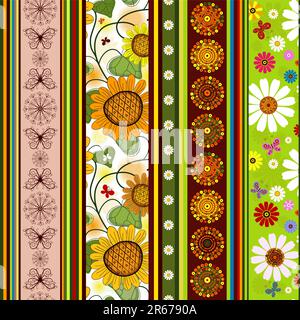 Seamless striped vivid summer pattern with floral application (vector) Stock Vector