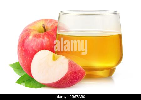 Cut red apples and apple juice in a glass, isolated on white Stock Photo