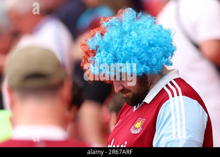 Eden Arena, Prague, Czech Republic. 7th June, 2023. UEFA Europa Conference League Football Final, Fiorentina versus West Ham United; West Ham United fan in fancy dress headpeice before kick off Credit: Action Plus Sports/Alamy Live News Stock Photo