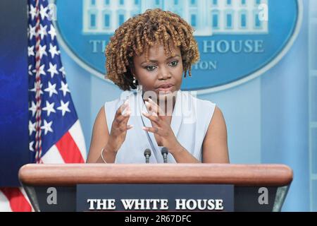 June 7, 2023, Washington, Distric of Columbia, USA: White House Press Secretary KARINE JEAN PIERRE speaks during a press conference today on June 07, 2023 at Brady Room/White House in Washington DC, USA. (Credit Image: © Lenin Nolly/ZUMA Press Wire) EDITORIAL USAGE ONLY! Not for Commercial USAGE! Stock Photo