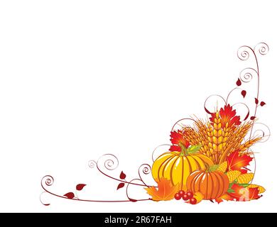 Seasonal background with plump pumpkins, wheat, corn and autumn leaves Stock Vector