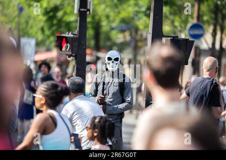 Paris, France: June 6, 2023,  A masked protester seen during the demonstration against the new pension reform law. French trade unions organized the 14th day of protests against Macron's new pension reform law that raises the retirement age from 62 to 64. Thousands of demonstrators took the streets all over France to protest against this polemic law. In Paris, there were some clashes between the police and protesters also some arrests, despite having been a much more peaceful day of protests compared to the previous ones. (Credit Image: © Telmo Pinto/SOPA Images via ZUMA Press Wire) EDITORIAL  Stock Photo