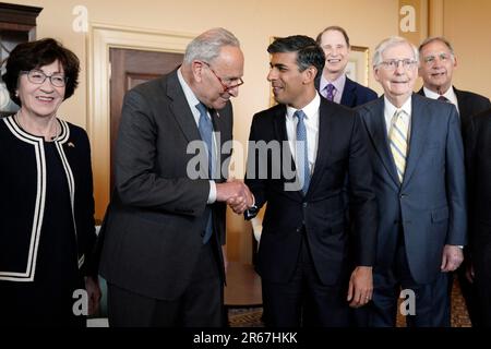 Washington, United States. 07th June, 2023. British Prime Minister Rishi Sunak shakes hands with Senate Majority Leader Chuck Schumer during a meeting with Bipartisan senators on Capitol Hill in Washington on June 7, 2023. Photo by Yuri Gripas/ABACAPRESS.COM Credit: Abaca Press/Alamy Live News Stock Photo