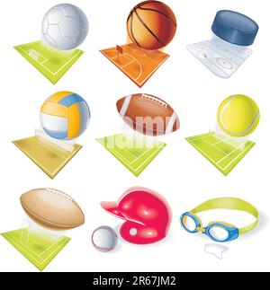 Detailed soccer, football, basketball, volleyball, rugby, hockey, swimming, basebal and tennis equipment with sport fields Stock Vector