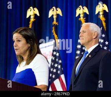 Ankeny, Iowa, USA. 07th June, 2023. Former Vice President MIKE PENCE listens as KAREN PENCE introduces him for the former Vice President's announcement that he is running for president in 2024.(Credit Image: © Brian Cahn/ZUMA Press Wire) EDITORIAL USAGE ONLY! Not for Commercial USAGE! Stock Photo
