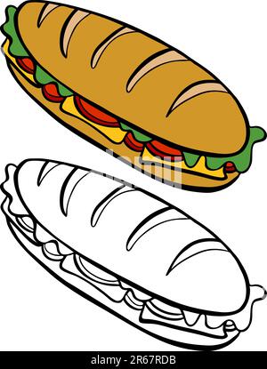 Cartoon image of a variety of submarine sandwich - both color and black / white versions. Stock Vector