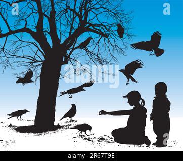 Vector illustration silhouettes of birds who are fed in winter children Stock Vector
