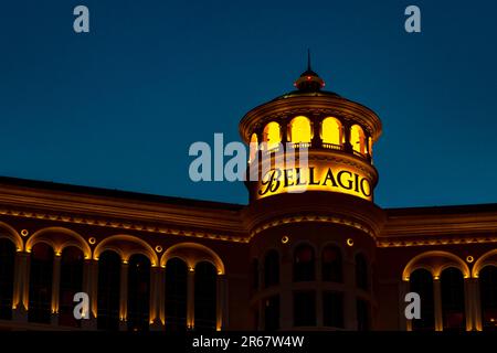 Las Vegas, NV, USA - April 2017: Bellagio is a luxury hotel and casino located on the famous Las Vegas Strip. Bellagio Central Tower Casino Hotel close-up at night. Name signboard casino closeup. Stock Photo