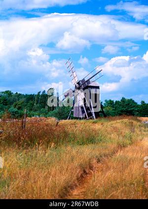 Antique wooden windmill on island Öland in Sweden Stock Photo
