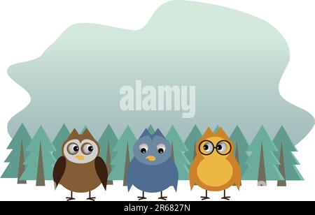 editable vector illustration of birds standing in the forest Stock Vector
