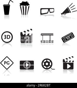 movie, film and cinema, typical black silhouette icon buttons Stock Vector