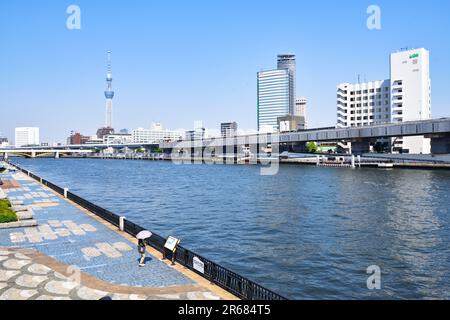 Sumida River and Tokyo Sky Tree seen from Kuramae Bridge Stock Photo