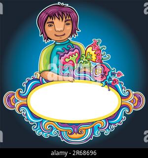 Floral curly frame with cute boy and girl (floral series Stock Vector ...