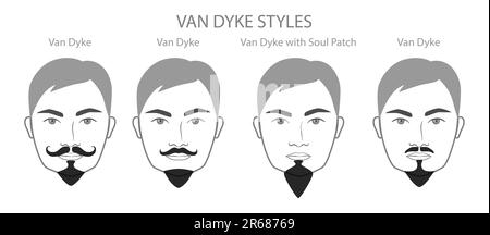 Set of Van Dyke Beard and mustache with name text style men face illustration Facial hair. Vector black grey portrait male Fashion template flat barber collection. Stylish isolated on white background Stock Vector