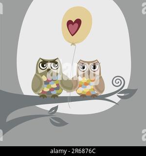 Cartoon owls in love sit on a branch nearby Stock Vector Image & Art ...