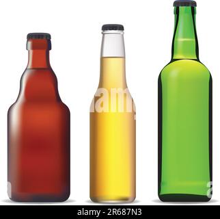 Three photo-realistic beer bottles. Vector illustration. Stock Vector