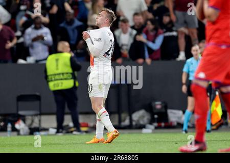 Prague, Czech Republic. 07th June, 2023. Jarrod Bowen of West Ham United celebrates after scoring the goal of 1-2 during the Conference League Final between ACF Fiorentina and West Ham United FC at Eden Arena stadium in Prague (Czech Republic), June 7th, 2023. Credit: Insidefoto di andrea staccioli/Alamy Live News Stock Photo