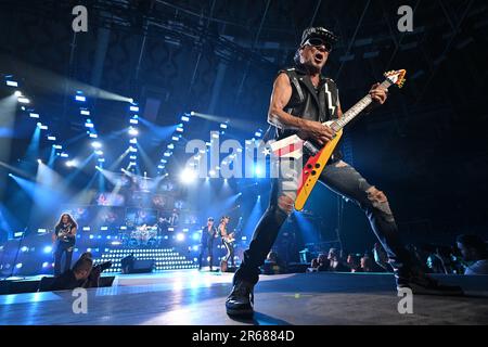 Brno, Czech Republic. 07th June, 2023. Guitarist Rudolf Schenker of German rock band Scorpions performs during the concert of the band, on June 7, 2023, in Brno, Czech Republic. Credit: Vaclav Salek/CTK Photo/Alamy Live News Stock Photo