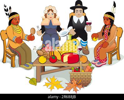 Illustration Thanksgiving Day. Pilgrims and Native American Couple Stock Vector