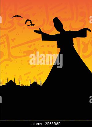 vector illustration of a Sufi isolated on an arabesque cityscape Stock ...