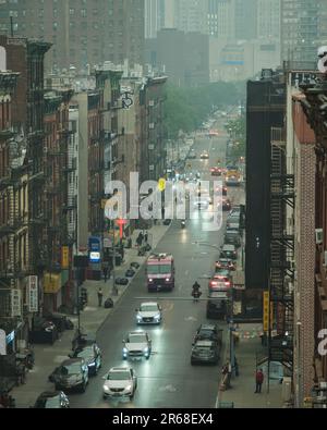 View of Madison Street in the Lower East Side from the Manhattan Bridge, Manhattan, New York Stock Photo