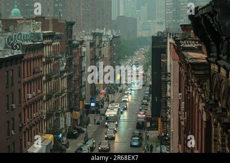 View of Madison Street in the Lower East Side from the Manhattan Bridge, Manhattan, New York Stock Photo