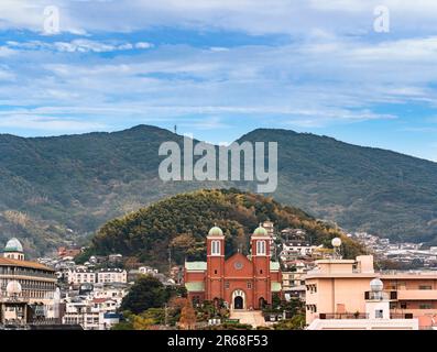 nagasaki, kyushu - dec 11 2022: Aerial landscape of the landmark Roman Catholic Immaculate Conception Cathedral known also as St. Mary's Cathedral or Stock Photo