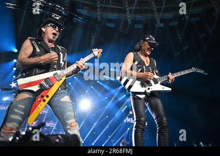 Brno, Czech Republic. 07th June, 2023. L-R guitarists Rudolf Schenke and Matthias Jabs of German rock band Scorpions perform during the concert of the band, on June 7, 2023, in Brno, Czech Republic. Credit: Vaclav Salek/CTK Photo/Alamy Live News Stock Photo