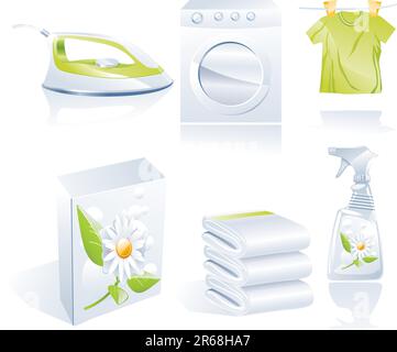 Laundry related icon set in blue and green Stock Vector